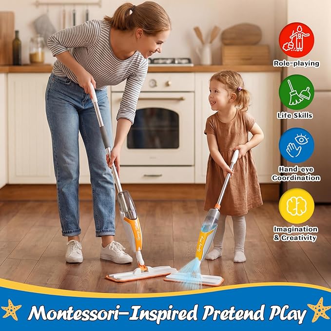 Kids Spray Mop Toy - Real Working Toddler Cleaning Set with 420ML Water Bottle, Scraper & 2 Washable Pads, Montessori Housekeeping Cleaning Toy for Pretend Play