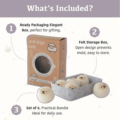 Wool Dryer Balls XL 6-Pack with Felt Storage Box, 100% Pure Wool Dryer Balls, Reusable Laundry Dryer Balls, Reduce Drying Time Wrinkles Static, Natural Fabric Softener Alternative (White Sheep)