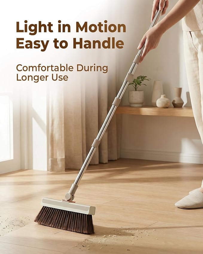 INDCAN Broom and Dustpan Set for Home, 54 Inch Long Handle Upright Broom, Rotatable Broom Head with Magnetic Mount & Self-Cleaning Teeth Comb, Indoor Floor Sweeping Set (Santra Pro) - Sandstone Beige
