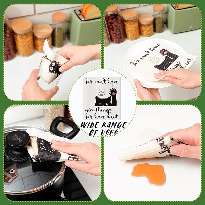 Funtery 8 Pcs Black Cat Swedish Kitchen Dishcloths Reusable Swedish Absorbent Sponge Cloths Washable Kitchen Dish Towel Quick Drying Decorative for Animal Lover Gifts for Women Hand Towel