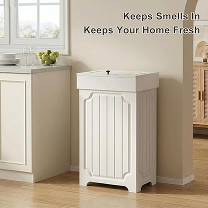 Povrgive Wood Trash Can Cabinet, 13 Gallon Hidden Kitchen Garbage Can with Lid, Farmhouse Dog Proof Trash Can, Metal Ring Included, 16" L x 13" W x 26.5" H, White