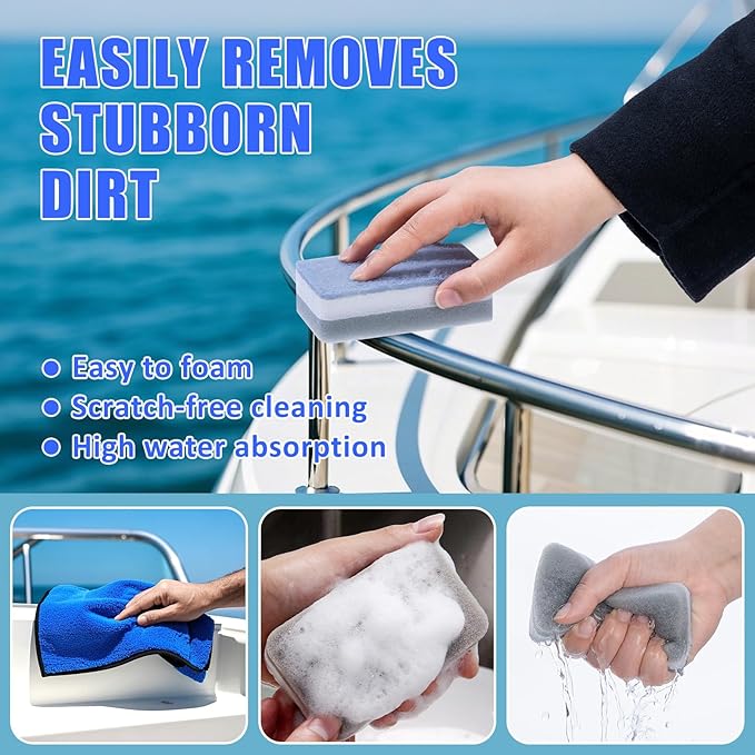 Boat Wash Cleaning Kit with Wet Dry Mop Collapsible Bucket Boat Scrubbing Brush Glove Boat Scuff Sponge Microfiber Towel Complete Interior Exterior Fiberglass Boat Hull Cleaning Set for Boat