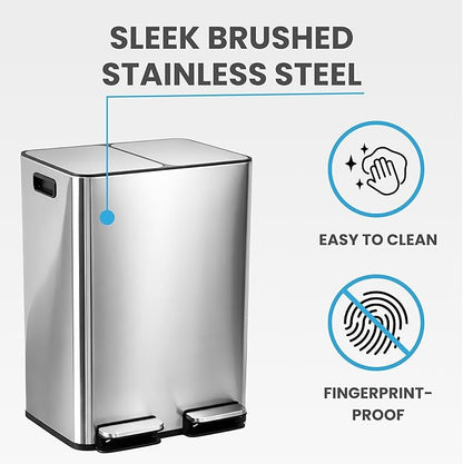 iTouchless SoftStep 16 Gallon Dual Compartment Kitchen Trash Can and Recycle Bin with dual AbsorbX Odor Filters, 60L Stainless Steel Step Garbage Can, Soft-Close Lids, Color-Coded Buckets (Black/Blue)