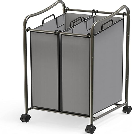 Simple Houseware 2-Bag Heavy Duty Rolling Laundry Sorter Cart, Dark Gray – 2 Section Removable Bags and Lockable Wheels for Laundry Room Organization