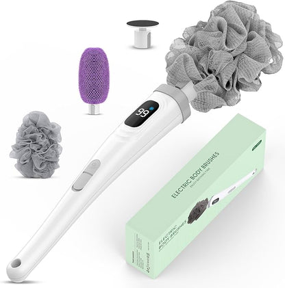 Electric Body Brush Back Scrubber for Shower, Waterproof Long Handle Power Body Scrubber with 3 Heads & 2 Speeds, Rechargeable Bath Brush for Cleansing, Exfoliating, Massaging and Foot Callus Remover