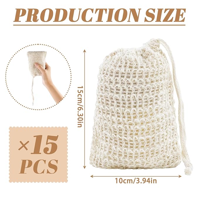 15 Pcs Sisal Soap Bag, Natural Soap Saver Pouch and Bar Soap Bags, Colorful Soaps Holder with Drawstring for Foaming and Drying The Soap Shower Bath Exfoliating Exfoliation(5 Colors)