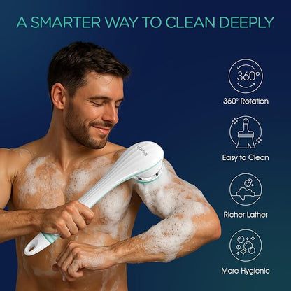 VOYOR Electric Silicone Body Scrubber, Back Scrubber for Shower, Waterproof Long Handle Body Brush, Rechargeable Power Bath Brush for Cleansing, Exfoliating, Massaging Skin BC100 (Blue)