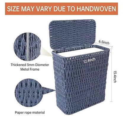 Coeusy 3 Gallon Paper Rope Bathroom Trash Can,Small Wicker Trash Cans with Lid and Liner,Woven Rattan Narrow Waste Basket for Bedroom,Office,Blue