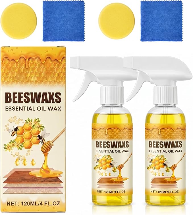 Beeswax Wood Polish Spray, Beeswax Essential Oil Wax, 2026 Upgrade Bees wax Furniture Polish and Cleaner with Sponge and Towel, Natural BeeswaxCleaner for Furniture Floors Cabinets (2Pcs)