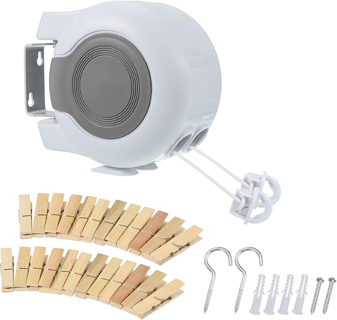 uxcell Retractable Double Clothesline Outdoor Indoor, 49Ft Heavy Duty PVC Clothes Line Retracting Laundry Line with 24 Pcs Clothespins for Wet Dry Clothing, White