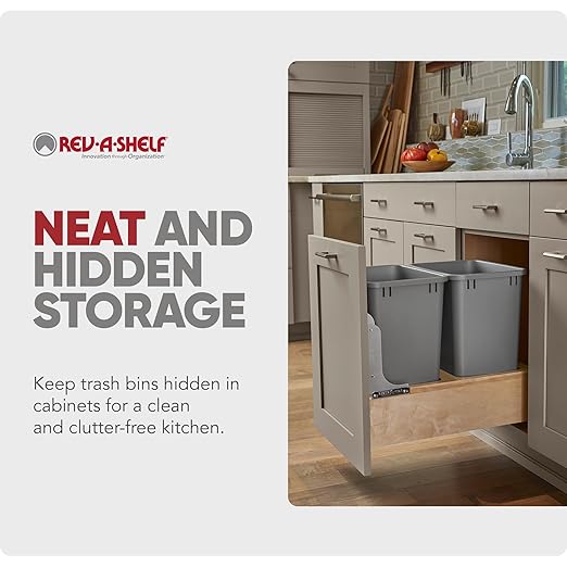 Rev-A-Shelf 35 Qt Bottom Mount Double Pullout Under Cabinet Kitchen Trash Cans w/Soft-Close for Base Cabinets, 150 Pound Rated Full-Extension Slides, Min Opening Width of 14.5", Gray, 4WCBM-18DM-2