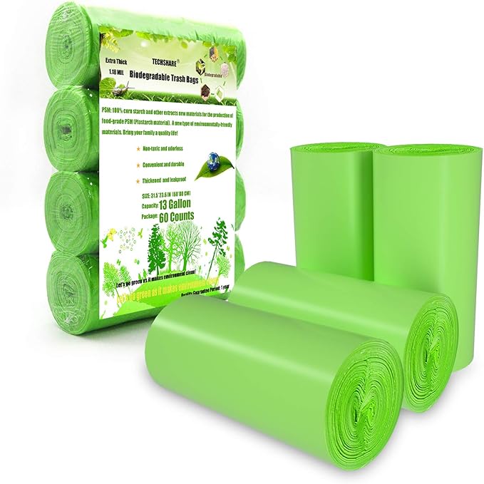 Trash Bags Biodegradable, Strong Rubbish Bags, Trash bags Recycling & Degradable Garbage Bags, Compostable Bags (Green, 13 Gallon)