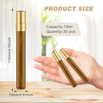 30 Pack Empty Mini Glass Spray Bottle Refillable Fine Mist Perfume Atomizer Portable Travel Sample Spray Bottles Containers For Perfume Essential Oils Cosmetics Liquid (amber bottle, 10ml)