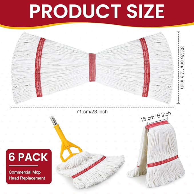 Eccliy 6 Pack Mop Heads Replacement Commercial Industrial Mop Heads Heavy Loop End Cotton String Heavy Duty Refills Wet Washable Refills for Home General Floor Cleaning (White,Red)