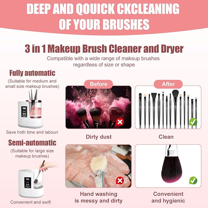 3 IN 1 Electric Makeup Brush Cleaner,Automatic make up brush cleaner machine with Makeup Brush Dryer,Portable USB Deep Cleaning for All Size Beauty Makeup Brush Set,Blush Brush