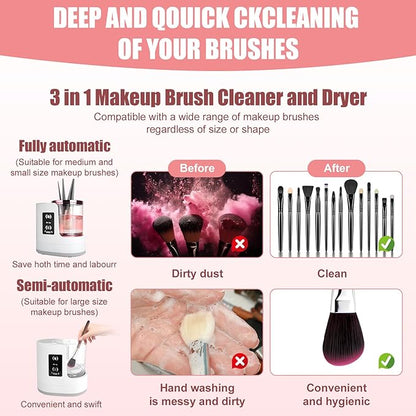 3 IN 1 Electric Makeup Brush Cleaner,Automatic make up brush cleaner machine with Makeup Brush Dryer,Portable USB Deep Cleaning for All Size Beauty Makeup Brush Set,Blush Brush