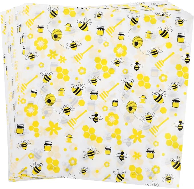 GeeRic 100 Pcs Wax Paper Sheets for Food, 12 * 12 Inch Bee Day Wax Paper Sandwich Wrap Deli Wraps, Oil-Proof Picnic Basket Liners with Bee Pattern for Memorial Day