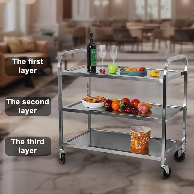 uyoyous Extra Large 3 Tier Stainless Steel Utility Cart 37x20x37 inch Commercial Heavy Duty Rolling Cart Food Storage Service Trolley with 360° Rotatable Wheels for Kitchen Hotel Restaurant Home Use