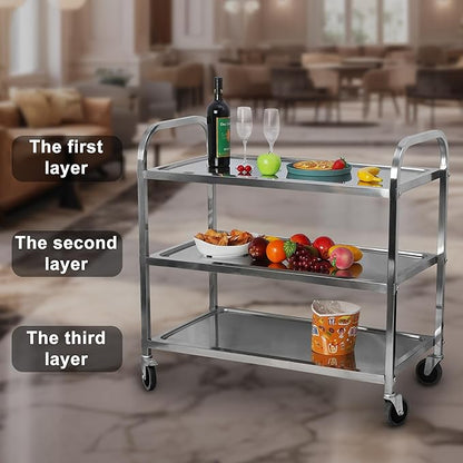 uyoyous Extra Large 3 Tier Stainless Steel Utility Cart 37x20x37 inch Commercial Heavy Duty Rolling Cart Food Storage Service Trolley with 360° Rotatable Wheels for Kitchen Hotel Restaurant Home Use