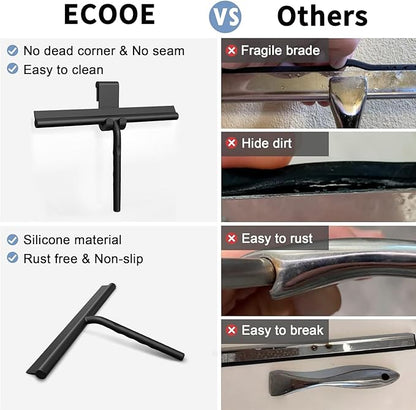ecooe Silicone Shower Squeegee with Hanger, 11″/28cm Shower Squeegee for Glass Doors, Black Window Squeegee Scraper with Stainless Steel Core for Home Bathroom Kitchen Car Glass Doors