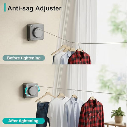 Retractable Clothesline 15ft, Space Saving Heavy Duty Drying Rope, Anti-Sag Stainless Steel for Indoor Outdoor Balcony Bathroom (Light Gray)