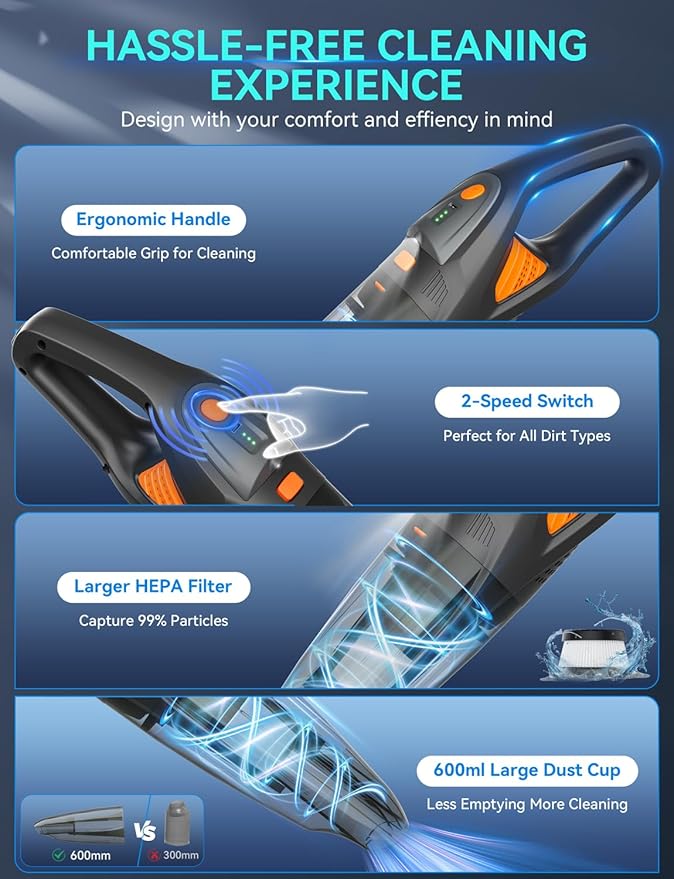 Handheld Vacuum Cordless - 25000PA Strong Suction Hand Held Car Vacuum Cleaner Portable with Multi-Nozzles - Lightweight Dust Busters Rechargeable for Home Car Office Pets 2 Levels