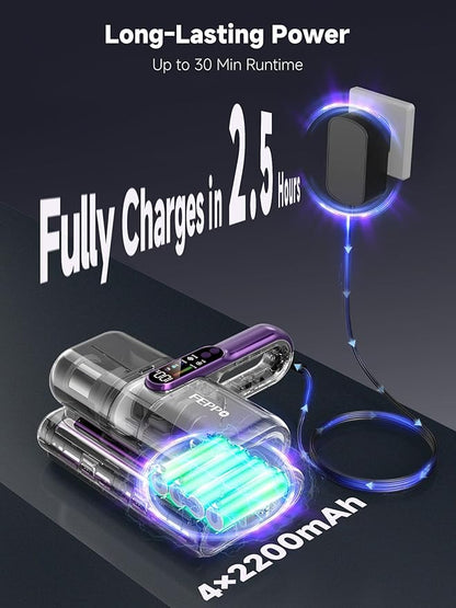 FEPPO Cordless Mattress Vacuum Cleaner, 18Kpa Bed Vacuum with 253.7nm UV-C Light, Ultrasonic, Dust Sensor & LED Display, 52800 BPM Handheld Vacuums for Bed, Sofa, Couch, Crib