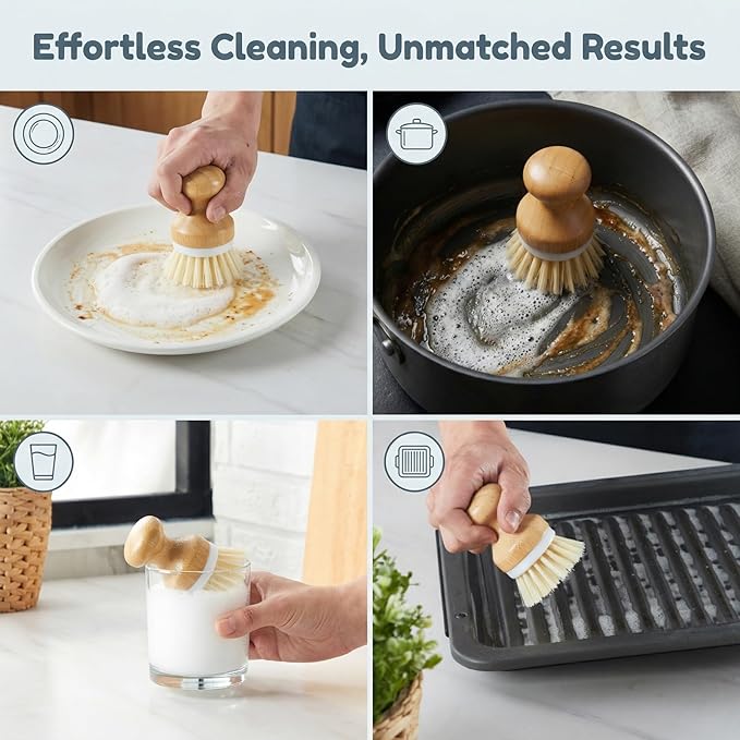 Bamboo Dish Brush Set with Sponge Holder, Kitchen Cleaning Kit, Durable Scrubber Tools, Natural Handle, Stylish Countertop Organizer for Sink Accessories - Marble
