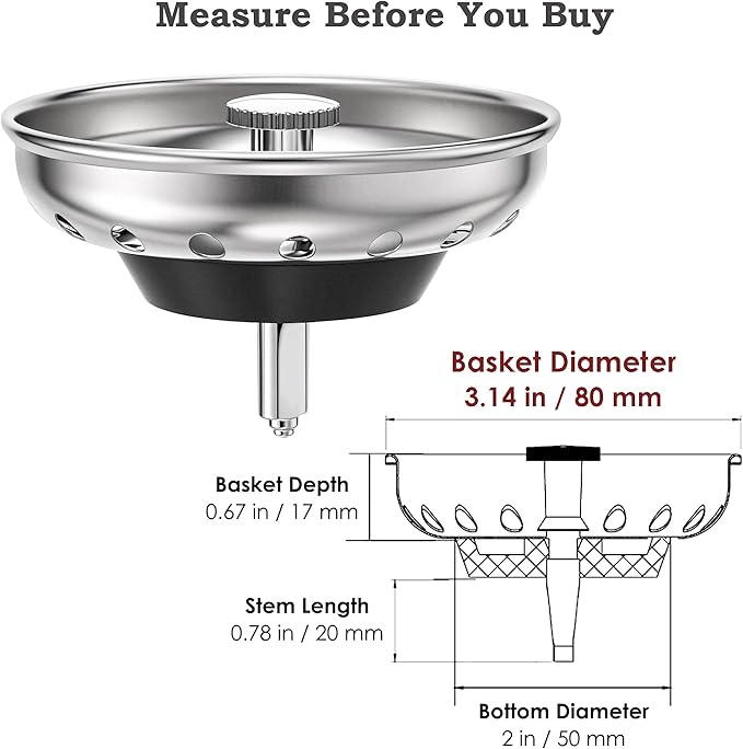 Kingrol 4 Pack Kitchen Sink Strainer Baskets with Removable Rubber Stoppers, Stainless Steel Replacement for Select 3.5" Basket Strainer Drains, Easy Clean, Rust Resistant