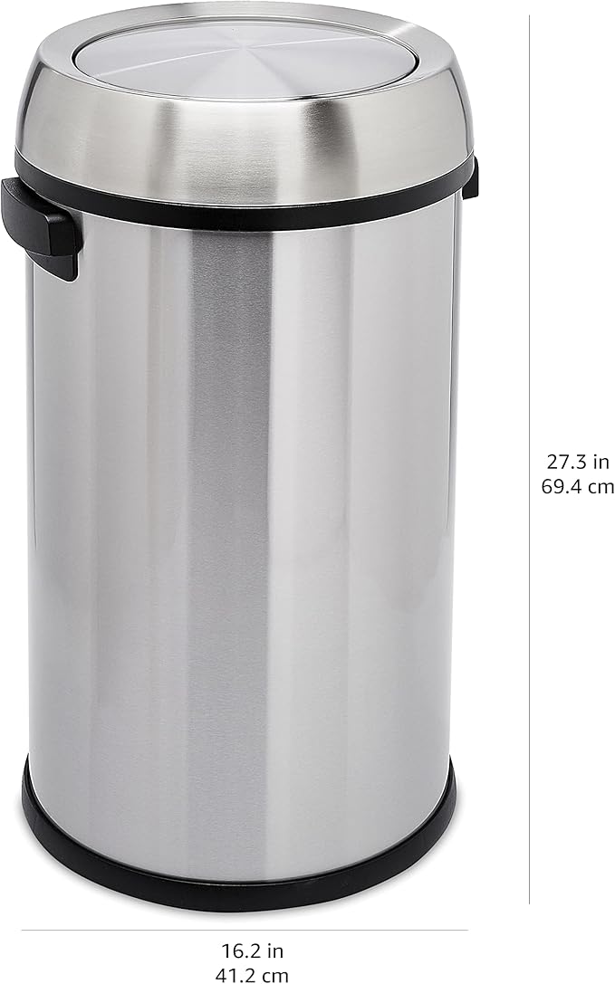 Amazon Basics Round Stainless Steel Trash Can with Swing Lid, Fingerprint and Smudge Resistant, 65 Litre/17.2 Gallon, Silver, Black