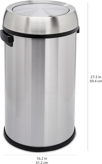 Amazon Basics Round Stainless Steel Trash Can with Swing Lid, Fingerprint and Smudge Resistant, 65 Litre/17.2 Gallon, Silver, Black