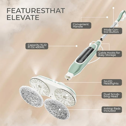 Steam Mop, All-in-One Steam and Scrub Hard Floor Cleaner with LED Headlights, 450ml Tank, 4 Soft Pads, Dual Power, Swivel Steering for Hardwood, Tile and Laminate