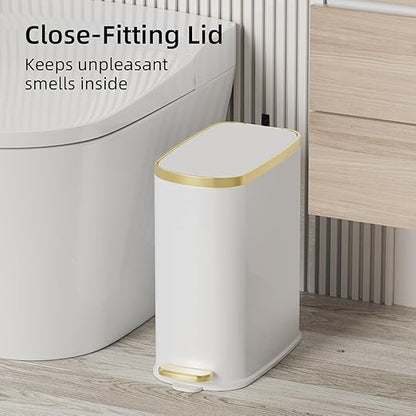 KUK Small Bathroom Trash Can with Lid Soft Close, Step Pedal, 2.6 Gal Stainless Steel Garbage Can with Removable Inner Bucket, Anti-Fingerprint Wastebasket for Office, Bedroom, Toilet (White)