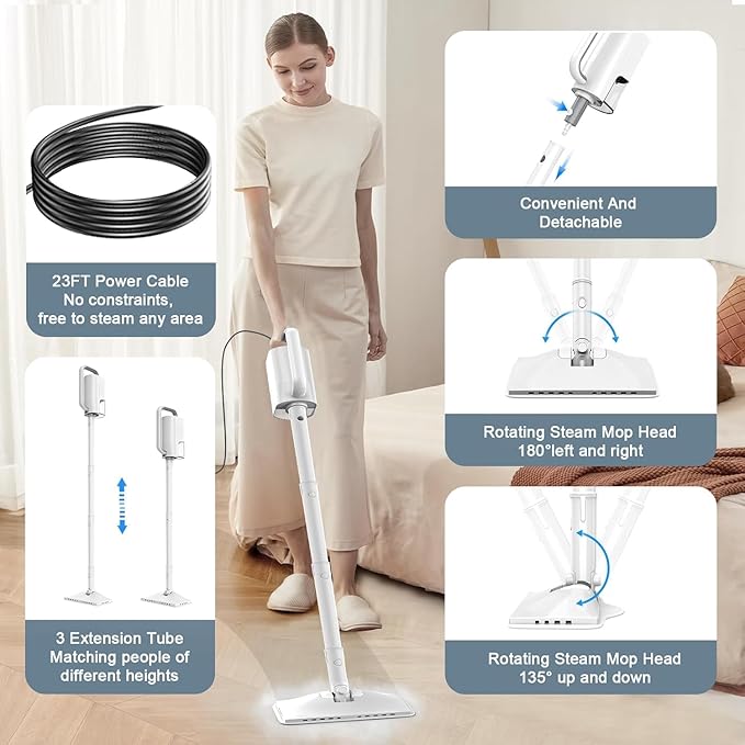 6-in-1 Steam Mop, 1200W Rotated Steam Cleaner for Home, 2 Modes, 400ML Removable Tank, 23FT Cord, 2 Washable Pads, Multi-Surface Steamer for Hard Floor, Laminate Floor, Tiles Cleaning (Pearl White)