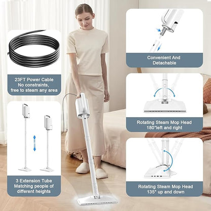 6-in-1 Steam Mop, 1200W Rotated Steam Cleaner for Home, 2 Modes, 400ML Removable Tank, 23FT Cord, 2 Washable Pads, Multi-Surface Steamer for Hard Floor, Laminate Floor, Tiles Cleaning (Pearl White)