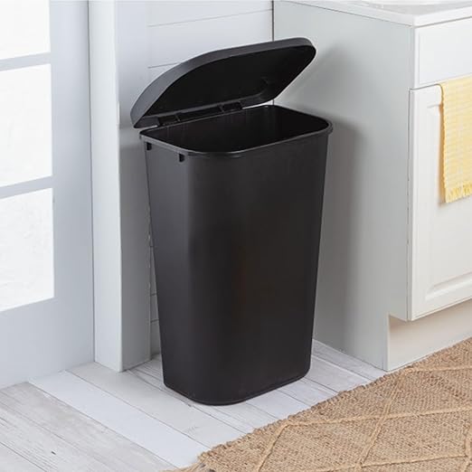 Sterilite 24-Pack Lift Top Wastebasket, D-Shape Trash Can w/Hinged Lid, 11.3 Gallon, Black - Modern Garbage Bin for Kitchen, Bathroom, Garage or Workspace, Fits 13-Gal Waste Liner