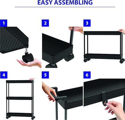 Simple Houseware 3-Tier Slim/Narrow Storage Cart with Handle, 5.5'' Wide x 27.5'' Height Rolling Organizer for Kitchen, Bathroom, Laundry Room - Black