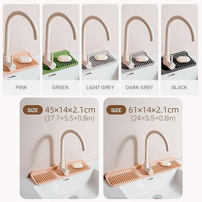 17" Silicone Faucet Handle Drip Catcher Tray,7° Sloped Self Draining Mat with Snap-on Design & Soap Holder, Sink Splash Guard for Kitchen & Bathroom, Trim-to-Fit Opening