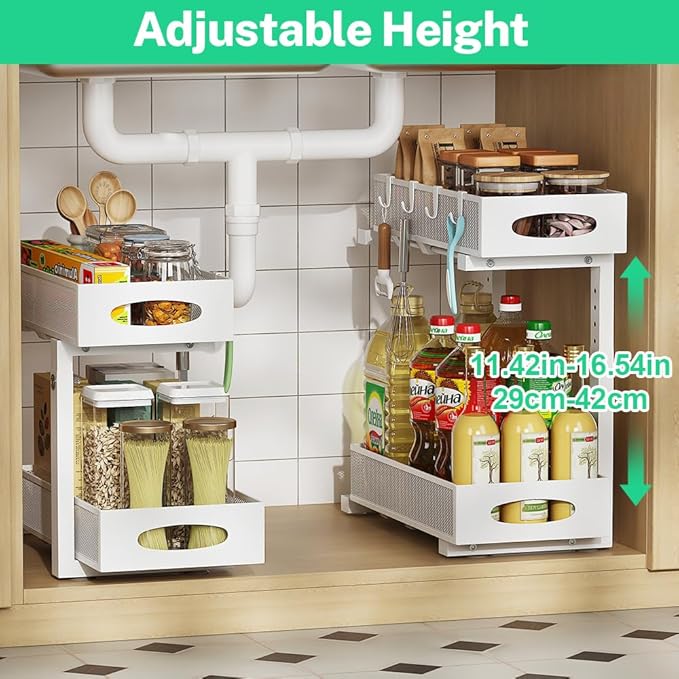 2 Pack Under Sink Pull Out Organizer, 2-Tier Adjustable Height Carbon Steel Storage Rack for Kitchen and Bathroom Cabinet, White
