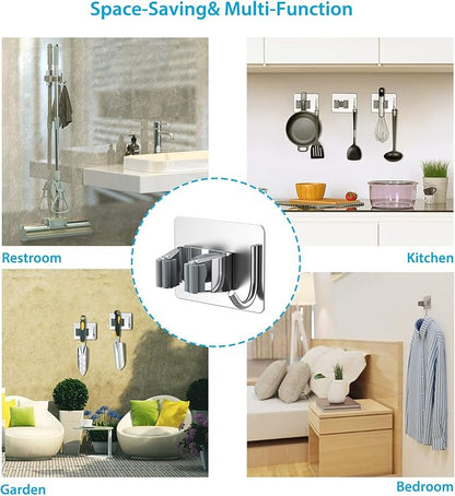 homeasy Mop Broom Holder No Drill, Mop Broom Organizer Wall Mounted Heavy Duty with Hooks Hanger, Self Adhesive Stainless Steel 4Pcs for Bathroom, Kitchen, Office (Silver)
