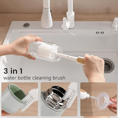 SUBEKYU Water Bottle Brush Cleaner Set - 2 Pack 3 in 1 Long Bamboo Handle Cleaning Brush with Bottle Brush, Nipple & Bottle Mouth Scrubber Brush for Cleaning Baby Bottles, Cups, Mugs, Tumbler, Thermos