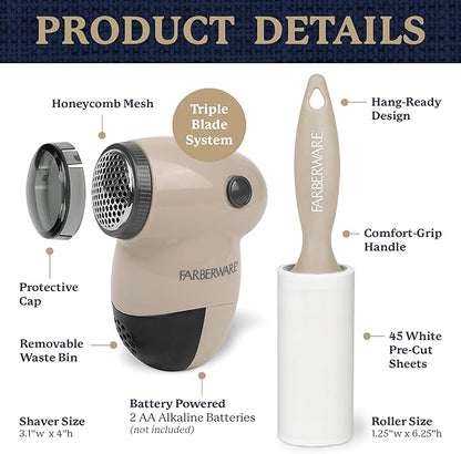 Farberware Fabric Shaver & Lint Remover Set – Battery Operated Sweater Shaver with Triple Blades and Extra Sticky Roller for Pet Hair, Fuzz & Pilling on Clothes, Upholstery & Bedding