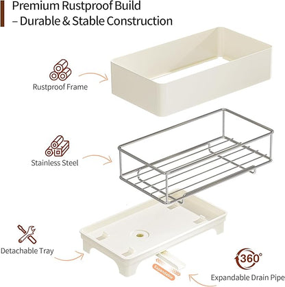 Sponge Holder for Kitchen Sink – Rustproof Stainless Steel, 360° Rotating Drain Pipe, Large Counter Organizer with Drip Tray for Sponges, Brushes & Dish Cloths Off-white