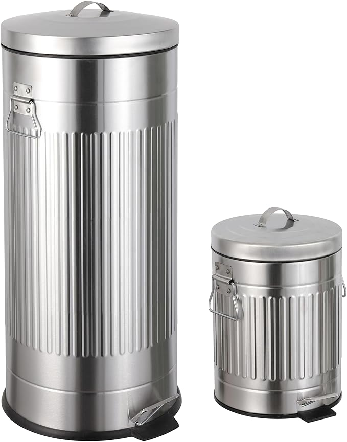 happimess HPM1018E Theo Retro 8-Gallon Step Trash Can with Soft-Close Lid and Free Mini Trash Can for Home, Kitchen, Bathroom, Living Room, Office, Platinum Silver