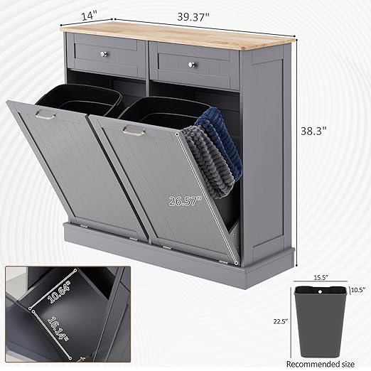 AHB Double Tilt Out Trash Can Cabinet Hidden Kitchen Trash Can, 2x13 Gallons Freestanding Recycling Cabinet with Hideaway Drawers Pet Proof Trash Can for Kitchen Living Room, Grey
