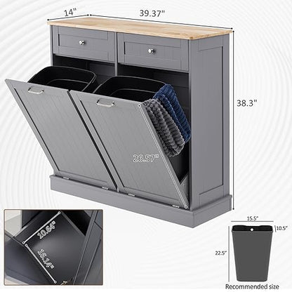 AHB Double Tilt Out Trash Can Cabinet Hidden Kitchen Trash Can, 2x13 Gallons Freestanding Recycling Cabinet with Hideaway Drawers Pet Proof Trash Can for Kitchen Living Room, Grey