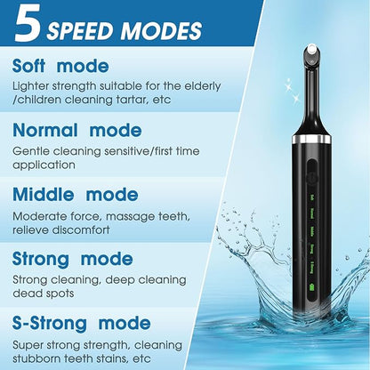Electric Teeth Whitening Tools Plaque Tartar Polishing Cleaning Kit with LED Light 5 Speed Modes with 5 Replacement Brush Heads (Black)