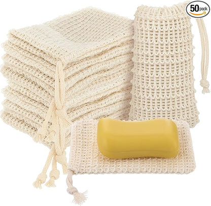 SHENLIU 50 Pack Soap Bags with Drawstring, Mesh Exfoliating Soap Saver Bag Sisal Soaps Pouch Bar Foaming and Drying Exfoliating Net for Bath Shower Massaging Scrubbing (5.3 × 3.7inch)