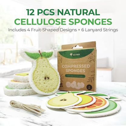 AIRNEX Compressed Cellulose Sponges - 12 Pack Fruit Shaped Natural Pop Up Dish Sponge for Kitchen - Compostable, Plant-Based, Non Scratch Cleaning Sponges Bulk for Dishes & Household Cleaning