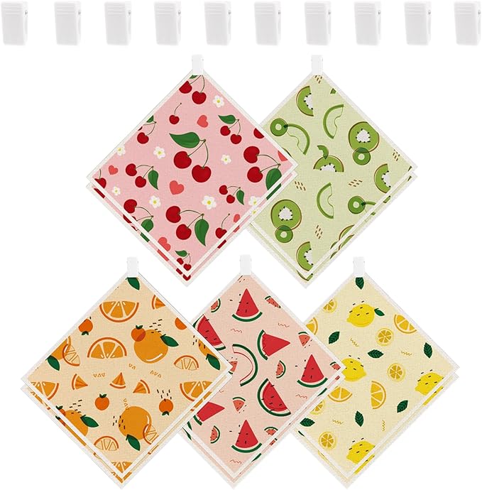 wlich 10PCS Swedish Dishcloths for Kitchen, Reusable Paper Towels Washable, Dish Rags for Washing Dishes with Clips, Non-Scratch Kitchen Towels and Dishcloths Sets, Dish Cloths, No Odor(Fruit)